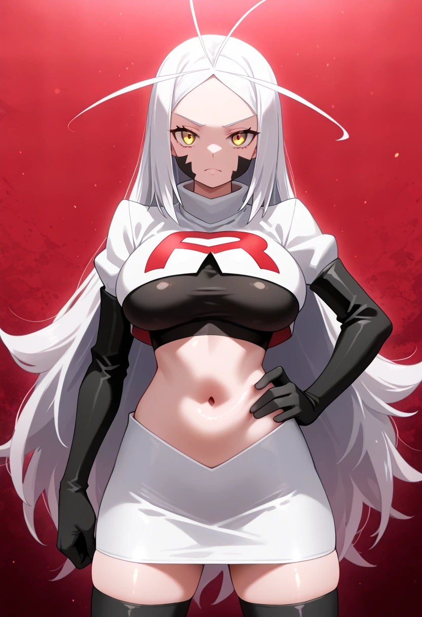 1girl, white hair, long hair, red eyes, serious, glowing eyes, large breasts, thick thighs, mature female, athletic female, toned, leotard, black leotard, thighhighs, belt, knife, knifes, pantyhose, highleg leotard, highleg, red pantyhose