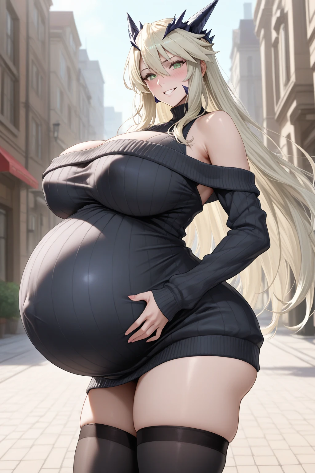 jeannedarc, jeanne darc, blonde hair, blue eyes, long hair, (medium breast:1.2),
BREAK bare shoulders, black necktie, black thighhighs, braid, (long braid:1.5), miniskirt, navel, necktie, shirt, single braid, sleeveless, sleeveless shirt, thighhighs, white shirt,
BREAK looking at viewer,
BREAK outdoors,
BREAK (masterpiece:1.2), best quality, high resolution, unity 8k wallpaper, (illustration:0.8), (beautiful detailed eyes:1.6), extremely detailed face, perfect lighting, extremely detailed CG, (perfect hands, perfect anatomy), big breast, H-cup, good breast, beautiful, gorgeous,anime,girl,lora, (huge big belly:1.5) nipple visible though clothes, big belly, pregnant pregnant, sexy, hyper pregnant pregnant, pregnant of 100 months, ( large belly:1.5), (huge large belly:1.5)