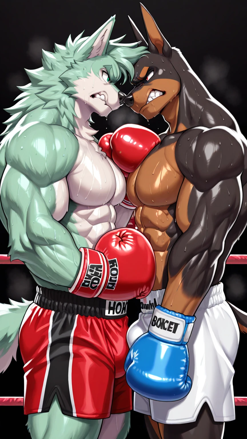 bright red colored bara shark, white countershade, red skin, huge plump pecs, strong physique, tribal tattoos, scarlet samurai hair in ponytail, cyan colored eyes, black sclera, very muscular, perfect anatomy, scars on body, full body view in frame, masterpiece beard, strong jaw, thick thighs, giant biceps, muscular, shark tail, grin, amazing shading, full body, detailed hands, detailed eyes, detailed face, detailed arms,anthro, muscular, abs, (detailed:1.5), male, detailed background, by bozi, wearing leather jacket and jeans, in boxing stance, hand wraps, abstract background, by MANYU_ART, by darkgem, by sligarthetiger, by meesh