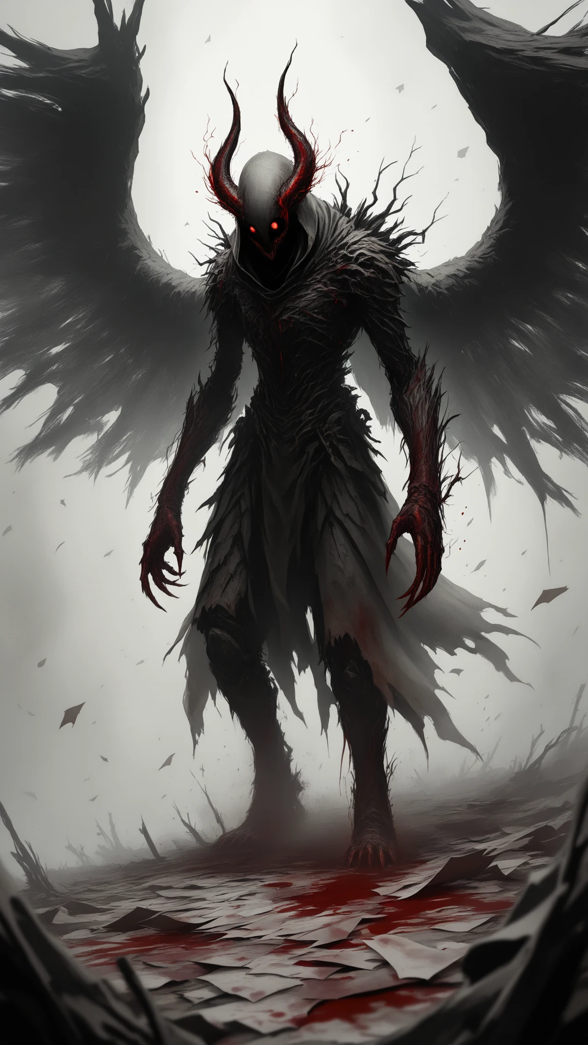 a full-body figure of Lucifer entirely made from torn origami paper, folded wings with jagged paper edges, cracked paper horns, sharp paper claws, hollow eye holes, standing motionless in a desolate dusty ruin, parts of his body peeling in the wind, some burnt and soaked paper areas, blood-red stains absorbed into his paper , cinematic shadows, eerie quiet atmosphere, horror-absurd concept, vertical 9:16, 360p aesthetic, no text