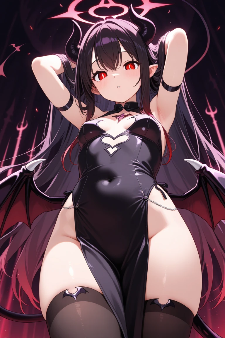 Vulgar succubus, vulgar costume, wings, black hair, Red eyes, Tender body, stockings on the legs, Succubus tattoo below navel, choker on the neck, dominance, Black background, cinematic light, looks at you, full height, from below, saliva, Elegant body