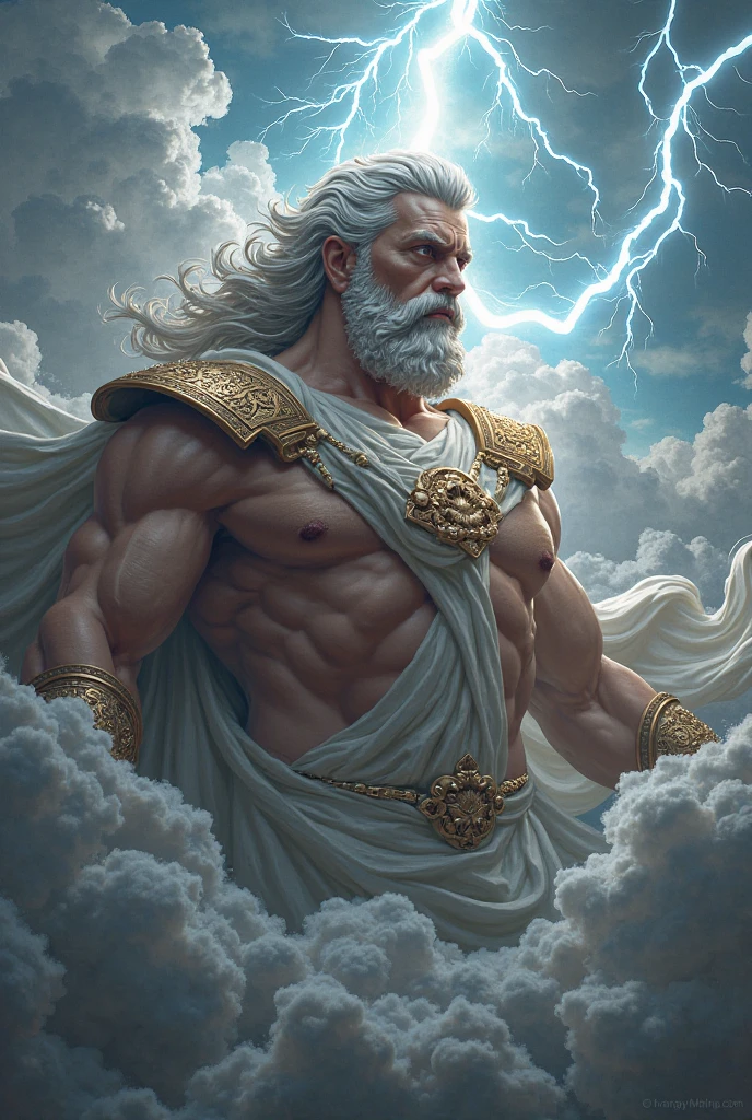A Zeus holding a yellow lightning bolt with his right hand, blue eyes, left hand raised and clenched