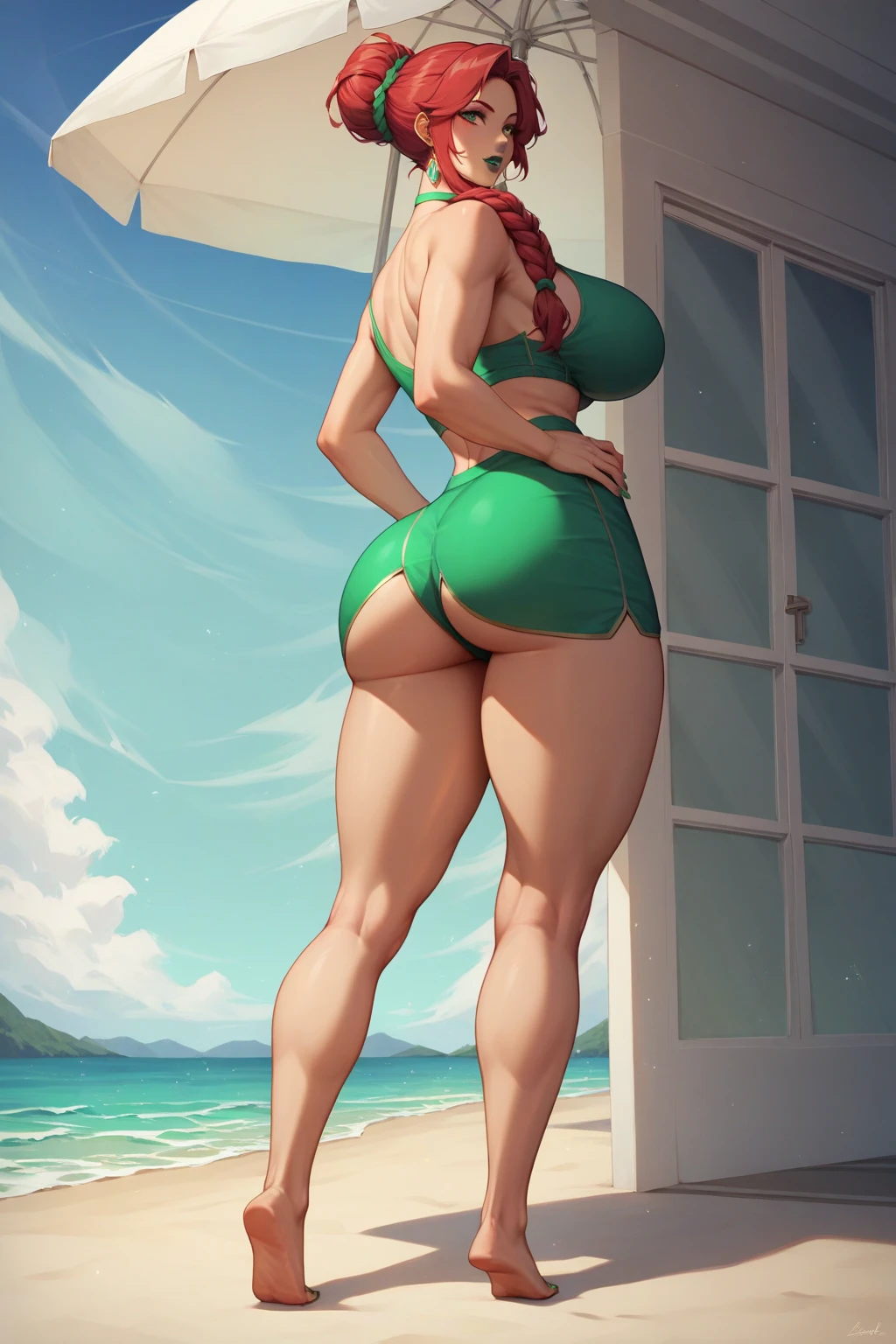 Mature fat woman, full body, general shot, redhead, with freckles, short shoulder-length hair loose, wearing tight swimsuit, near swimming pool, people in background, swimming club, indoor environment, well lit, wide area, cinematic lighting, wide shot, from behind, UHD, masterpiece, accurate, anatomically correct, super detail, high details, high quality, award winning, best quality, highres
