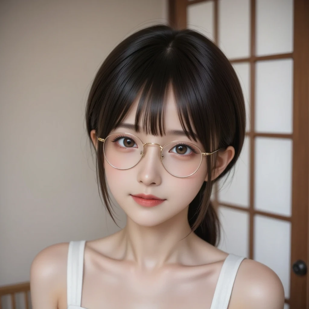 (masterpiece, Highest quality, It captures a very cute moment, Depth of written boundary, Super detailed, Ultra-high resolution, C4D, Octadale, 3D Modeling,Realistic human photos、 8K, 16K, One Girl,Middle school students, Small breasts,Black Hair,short hair,Straight Hair,Light brown eyes,White headband,Wearing black glasses,Cute face), Bloomers, Black tank top, zettai ryouiki, Wet clothes,Classroom Nights,Moonlight, Good elevator, Take off、Real-life skin、Not an anime、Realistic、Not an illustration

