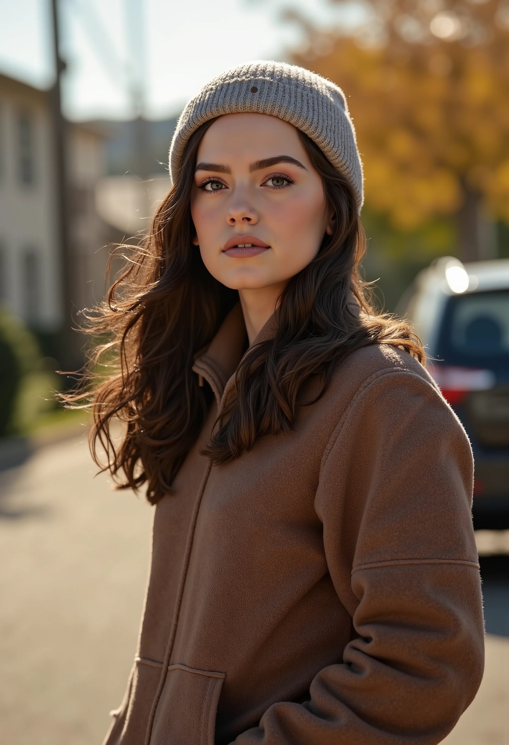 Full body image of a fair-skinned girl, Fifteen-year-old wavy and smooth brown hair, Beautiful Eyes and Details, face and extremely detailed features, long lashes, long flowing hair, ( fora), She's wearing a fleece jacket , sweatpants and wool hat, neighborhood, natural lighting, cinematographic composition, altamente detalhado, Fotorealista, 8k , Obra de arte