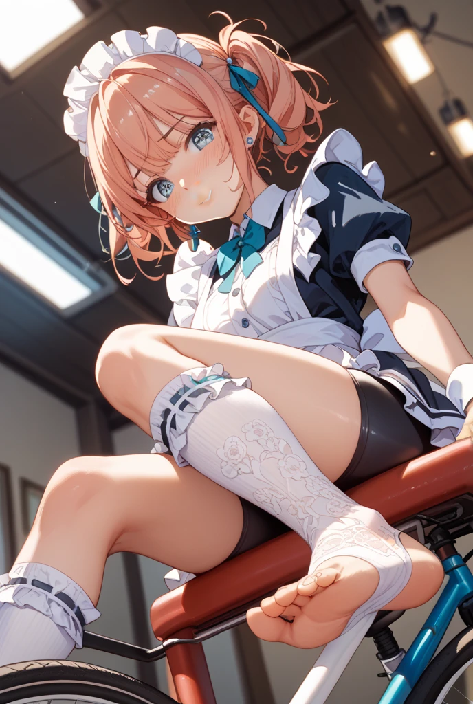 A Female robot is sleeping in bedroom, spread legs, nude, banzai pose. she wears no dress. She Brown short hair is tied with two big red clothespins, She lifts up the under hem of her white plain dress, leaning over, masterpiece, very short pigtails,brown hair, mature, android, blue eyes, full body figure, Height: 160cm, flushed cheeks, 2020s anime picture, A beautiful robot with short brown hair in two short pigtails held up by two very large huge red clothespins, Uplifting, No NSFW, whole body, barefoot, archaic smile, getting ??????, 25 years old, sweat bucket. 