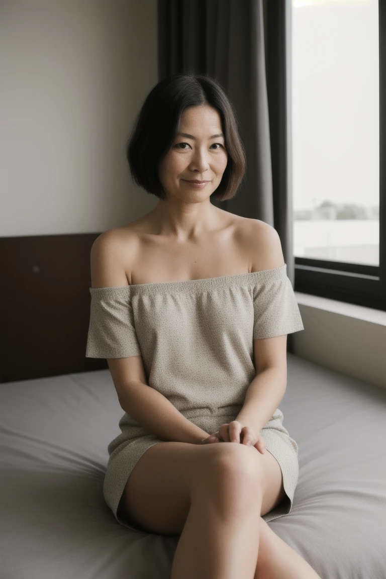8k, highest quality, Accurate human body, Accurate anatomy, woman standing in the bedroom, naked, nude, Showing breasts, 胸とお腹がnaked, whole body, Standing posture, Black Pantyhose, Black Panty Hose, One woman, 日本人 Mature Woman, (alone), 60 years old, (Wrinkles around the eyes:1.4), Forehead wrinkles, Short Hair, Bobcut, Mature Woman, Glamour, Sexy, Chromo White Skin, View Viewer, smile, Inside the house, Pink lace curtains, In a bright room during the day, 28mm lens