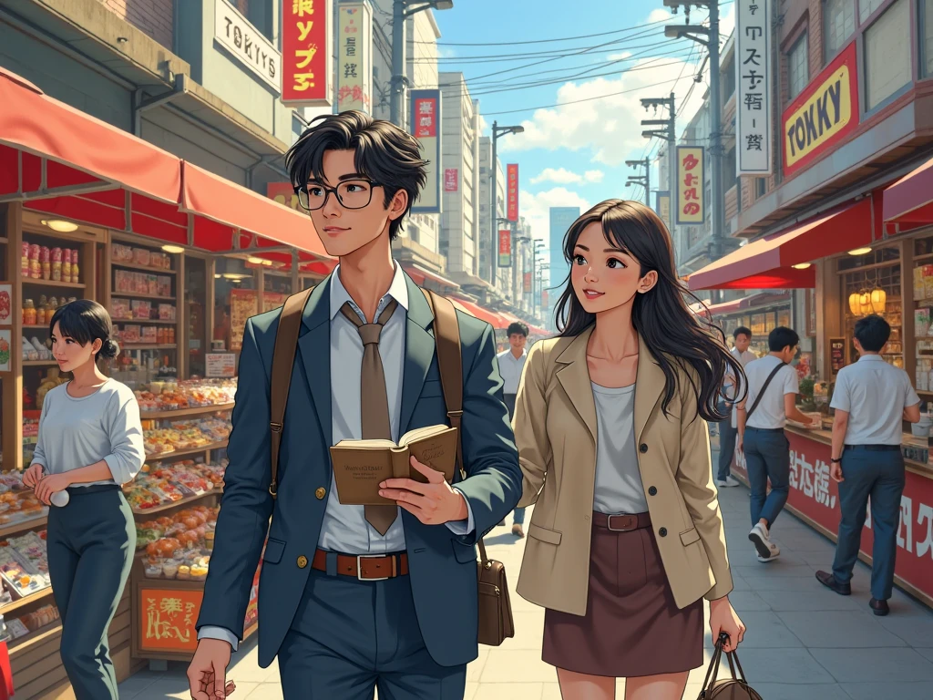 masterpiece, anime, cute, romantic, best quality, 2others, couple, mature, adult, height difference, different fashion, different color, casual clothes, long sleeves, smile, happy, love, swirling wind, blue sky, long haired man, light brown haired man, black haired woman, long haired woman, library --auto --s2