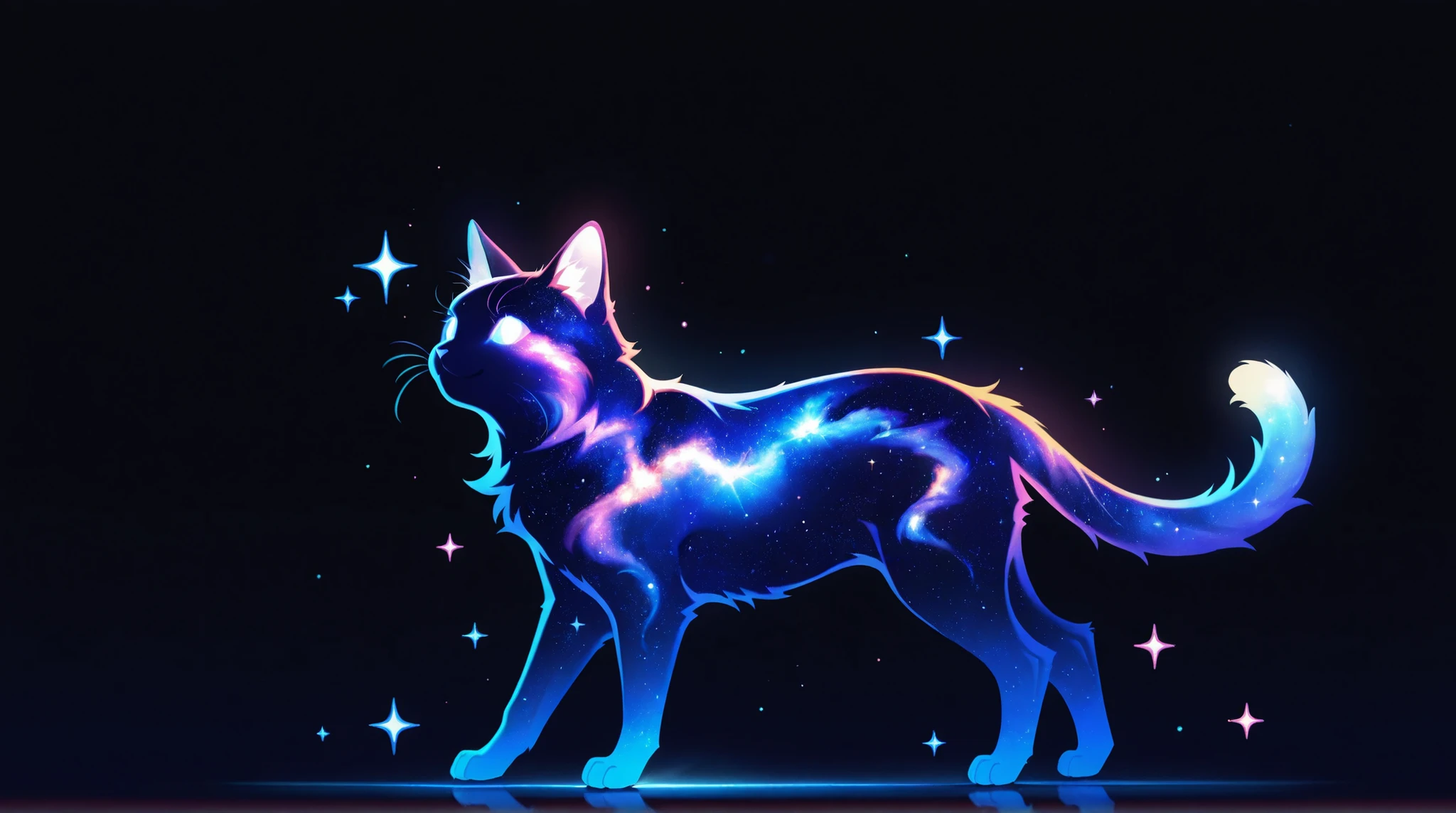 masterpiece, best quality, simple illustration, 1cat, silhouette, full body, solo, dark background, sparkles, vivid colors, tail ,happy, no_outlines,no lineart, t4kar4i_illu, inner_galaxy, galaxy on silhouette,