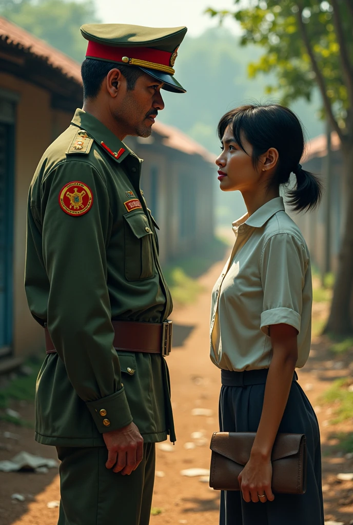a revolution with a chinese female soldier with long tied brown hair with bandages in a military uniform with a filipino man with black hair in a red shirt beside her with filipinos and filipinas
'comic art'
