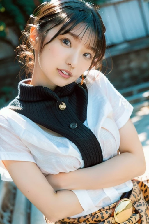 (photo practical:1.4), (hyper practical:1.4), (practical:1.3), (Smoother lighting:1.05), (Improving the quality of cinema lighting:0.9)、Natural light、Professional photos, practical portrait,(Japanese beautiful girl、18-year-old high school student),, Beautiful face and eyes, Very cute face, smile, vitality, vitality, (A sexy uniform with a wide open chest:1.2、The chest is open wide and her breasts are exposed、Her clothes are open and her naked body is visible、Showing her boobs、very beautiful small breasts、Beautiful cherry-colored areola、Erect nipples、Small butt、Shaved),The hem is short and the lower half of the body is visible、No underwear、  (Chest Schoolgirl:1.4),  (district), Portrait of sexy girl, (View from below:1.2)、School classroom、During class、No underwear、No underwear、No bra、topless、Upper body naked