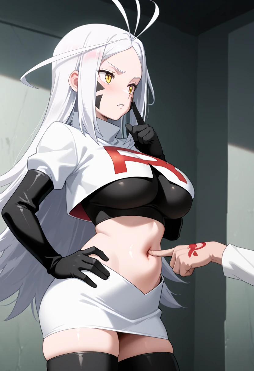 solo, white hair, red ribbon, headgear, ponytail, gradient hair, red eyes, blue eyes, black sclera, double coulored eyes,blue flaming eye, white coat, sports bra, prosthetic arm, bandaged arm BREAK detailed shading,blush,big breast,naked((lewd expresion,horny,thirst,after gangbang,after sex,exhoust,tired,cum dripp from pussy,v sign,drolling,sweat,wet,restrained by to man,bruises,wounds,cry))