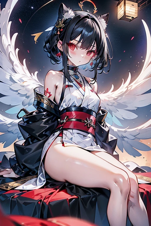 Woman sitting with her back turned,Japanese style tattoo on the back,Fluttering back,Take off your clothes,force,Sprouting black wings on its back,cool,Gray background