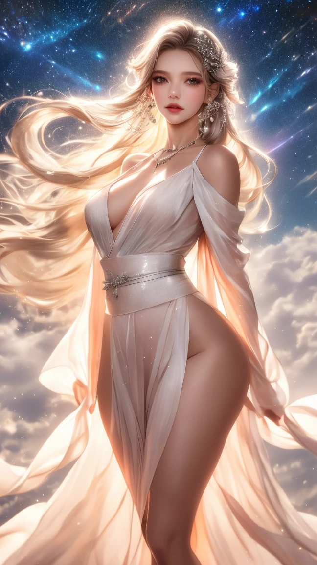 action film, pose elegante,A Senhora das Sombras, a beautiful female, grandes olhos negros, olhar triste, scarlet lips, pale skin, cabelos pretos longos, fluttering in the wind, vestido escuro com renda em estilo barroco, elegant white gloves on the hands, joias elegantes em roupas e cabelos, Standing in a field of roses, night time, night  sky, lua brilhante enorme, luar frio, Olhos de detalhe, Hiqualidade, master part