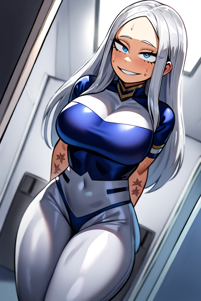 4k, Obra de arte, high resolution, Estilo de arte de Overwatch, Overwatch estilo de arte 3D, compassion, 1 garota, ((boba))), cabelo loiro curto, olhos azuis, espesso lips, erotic smile face, face, quadris largos, espesso thighs, espesso, ENORME PEITO FALSO, enorme bunda redonda, pele oleosa e brilhante, Terno branco, decote, pernas posando,