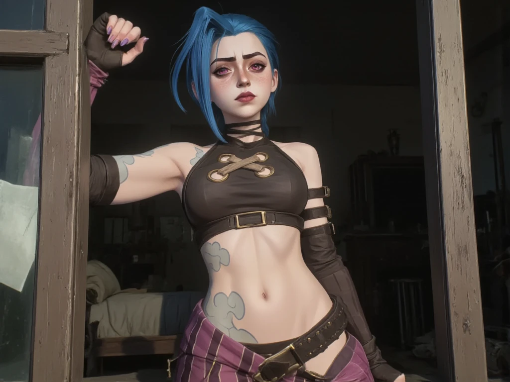 arcane style,
1girl, arm tattoo, asymmetrical bangs, bangs, blue hair, braid, brown shirt, cloud tattoo, looking at viewer, laughing, crazy, uncontrollable laugh, mad look, night, city, green hair, long hair, midriff, pink eyes, red lips, shirt, solo, standing, tattoo, twin braids, upper body, arcane jinx, jinx \(league of legends\)