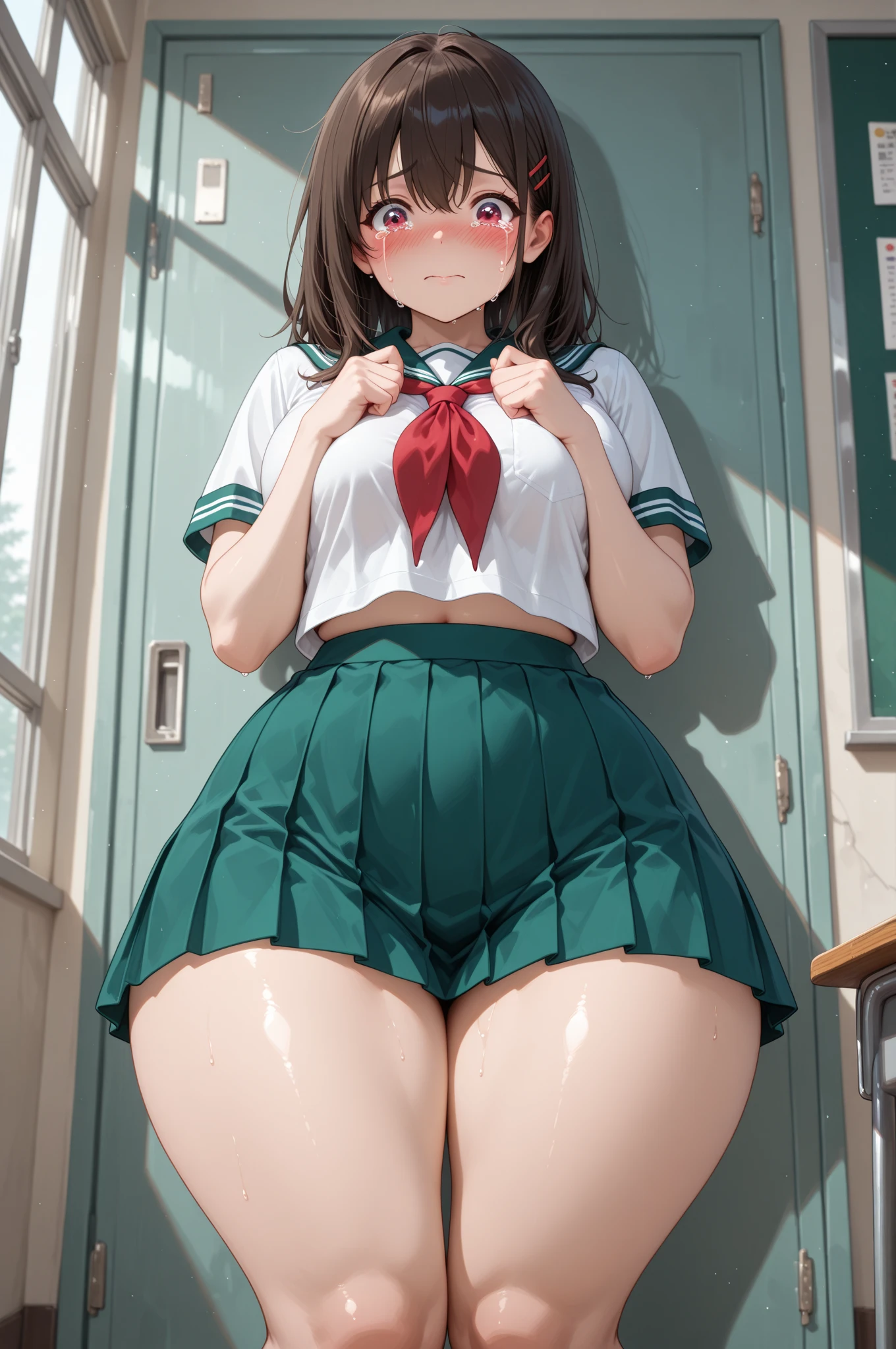 score_9, score_8_up, score_7_up, score_6_up, uncensored, Yor Briar, black hair, earrings, white hairband, hairband, long hair, sidelocks, red eyes, naughty face, shiny skin, sweating, steaming body, heavy breathing, BREAK (masterpiece:1.2), best quality, high resolution,(detailed eyes:1.3), perfect lighting, (perfect hands, perfect anatomy), hearts, pleasured, large breasts, sitting on table, (holding condom:1.3), condom, front-tie top, white crop top, short sleeves, miniskirt, pleated skirt, thong leotard, white leg warmers, indoors, evening, window, cityscape, BREAK, from below, excessive pubic hair peek, clenched teeth, drooling,