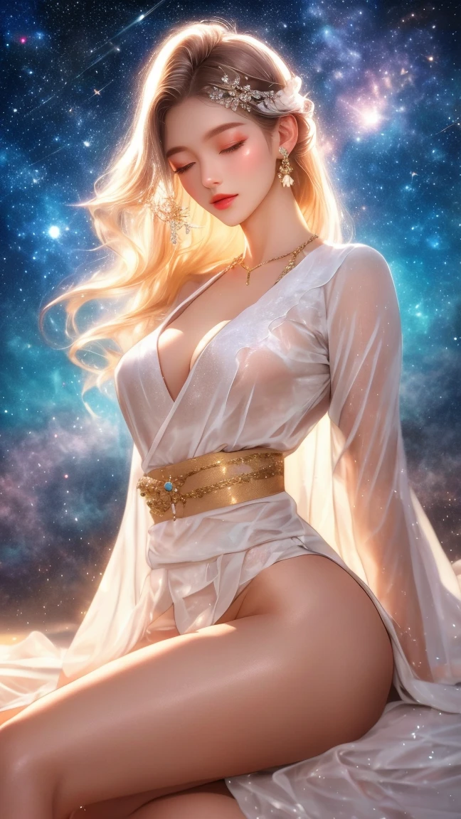 Adorable, 14 years  ,  Very beautiful blonde girl from Scandinavia,  (masterpiece、Highest quality、High resolution、8K、16K)、((Alone  space、Beautiful Goddess、  the sky like a star))、((whole body))、Golden Cape、White long dress、No sleeve、Adorned with vibrant jewels、Gold Bracelet、Blonde middle、Beautiful brown eyes、A kind smile、Mouth closed、Elegant and detailed face、Graceful operation、Place one hand under your chest、Professional Lighting、Seductive pose,The chest is slightly visible,Large breasts sagging due to gravity,  Spread your legs,