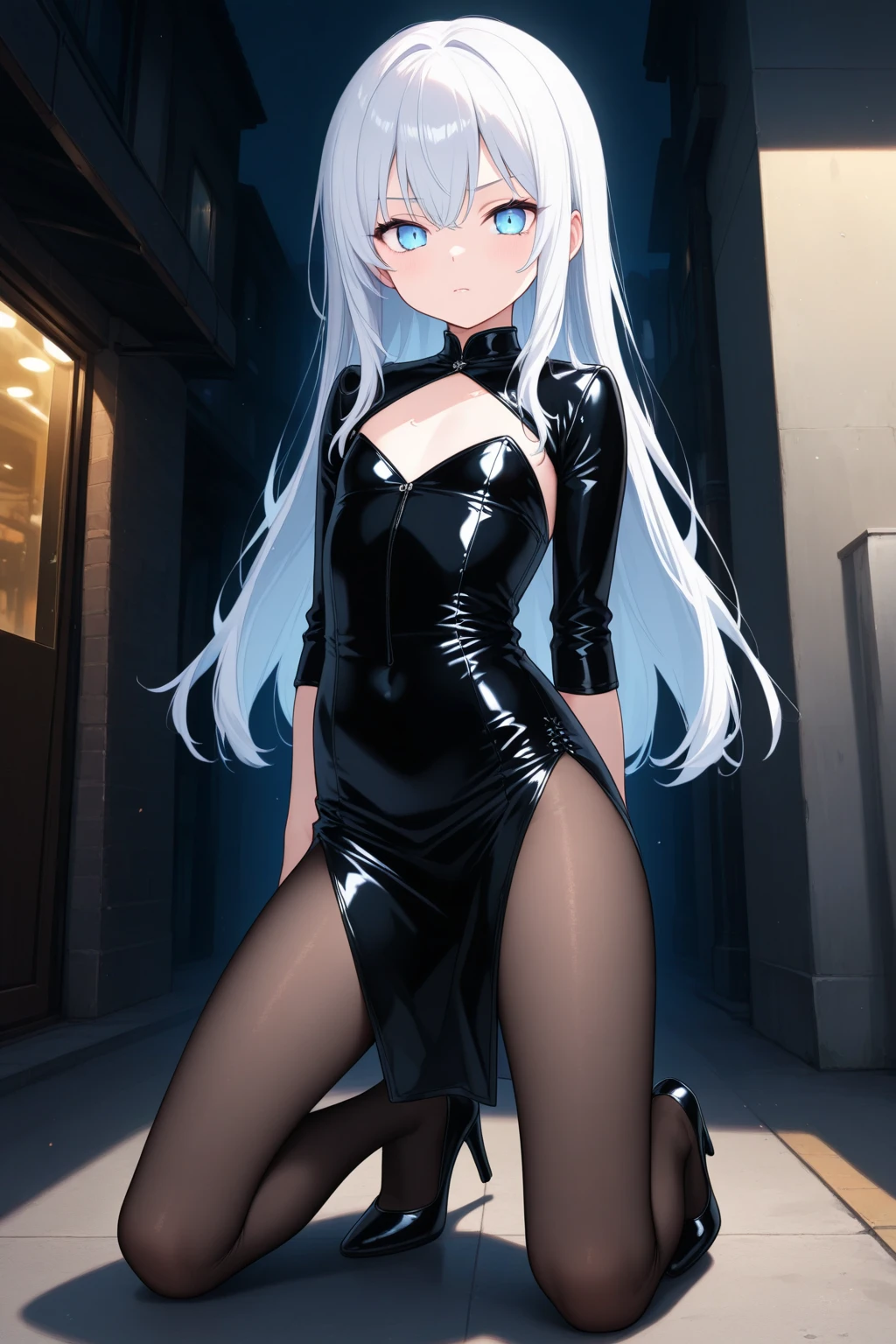 woman, pkmnKaren, karen, long hair, curly hair, wavy hair, very voluminous hair, blue hair, light eyes, blue eyes, wearing black dress, black dress sleeveless. woman with a serious look. woman standing in front of the open door. woman in an alley, dark alley, alley, brick walls, brick, dangerous alley, dark place, dark, night, midnight. open metal door. dark silver metal door open, door open, door opened, the door is open.