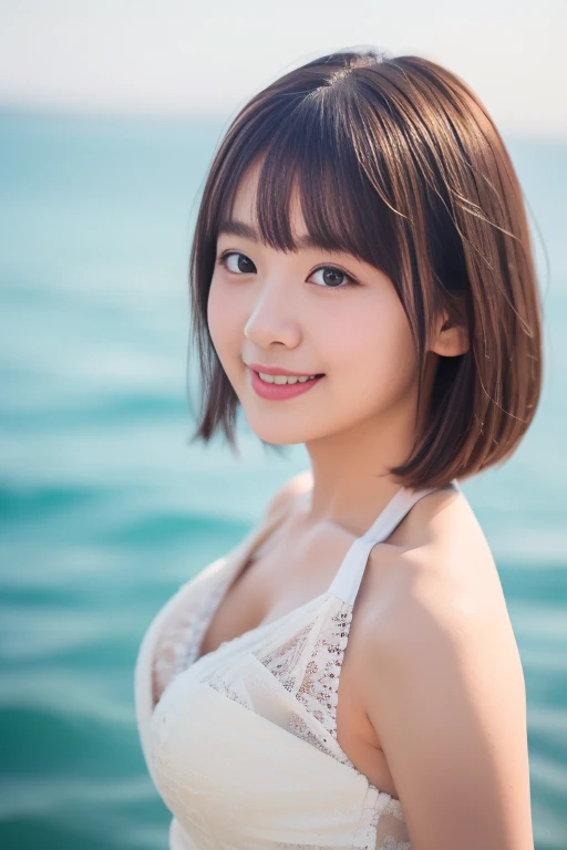 masterpiece:1.3), (8K, Realistic, RAW Photos, Best image quality: 1.4), Japanese women、(Random Hairstyles:1.2)、Highly detailed face、Attention to detail、double eyelid、Beautiful woman:1.4、Light brown hair、Highest quality、masterpiece、Ultra-high resolution、(Realistic:1.4)、Detailed and professionally lit smiles、Loose、thin、Shorthair、Deadly position、During meals、Full body image、Ocean、