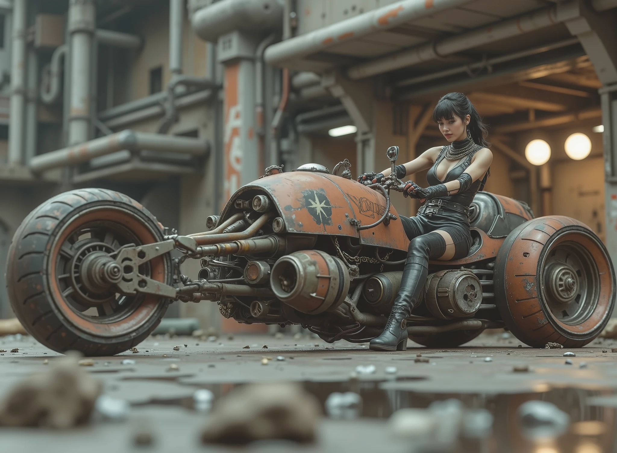 The image shows a futuristic scenario with a woman sitting, tilted and taking the handlebars to adapt to the speed on a uniquely designed motorcycle that embodies a steampunk or post-apocalyptic aesthetic. The motorcycle is sturdy, with a mix of exposed mechanical components, are evident such as large barrels and intricate pipes, with a worn , rusty color palette and graffiti that hint at their robust durability. The woman, dressed in a striking sensual and gothic outfit in black leather with straps and chains as well as punk jewelry and high boots, exudes confidence . His outfit suggests a rebellious and daring style, to complement the intense environment. The background in the distance reveals an industrial scene with worn and faint buildings, a warm lighting that emits the structure behind, adding a sandy touch, urban atmosphere that contrasts with the elegance of the motorcycle. The ground is wet, possibly due to the recent rain, that reflects light weight and that contributes to changing environment of the scene. Elements of dirt and decay are evident, but the composition retains a sense of dynamic action and adventure.