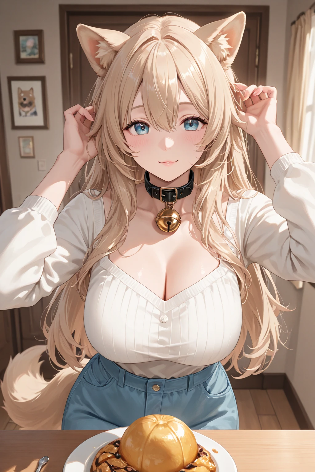 ((Highest quality)), ((masterpiece)), (detailed), woman,Age 25,(White knit sweater),(mini skirt),Shoulder Bare,Big Breasts,blush,Underbust,(Her cleavage is visible),(Excited expression),(Seduce),night,indoor,What's left behind,nightのWhat's left behind,Dim lighting,(In a dimly lit room),(In a messy room),Browsing Caution,sexy,dirty,Sweat,(Black knee-high socks),(Lift your chest with both hands),(Sticking out tongue),(The mouth becomes white and dirty),Brown Hair