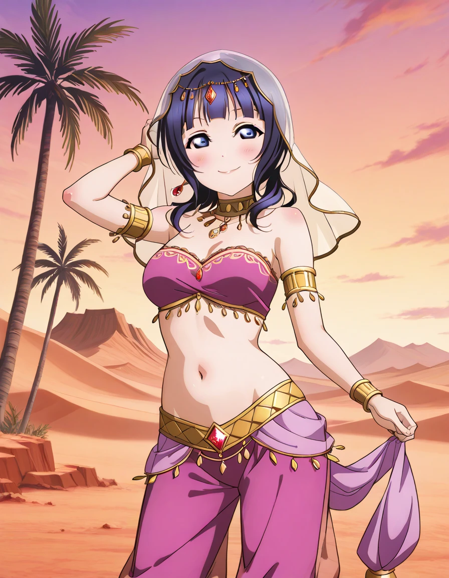 masterpiece, best quality,solo, floating hair,nishikino maki,red medium hair, detailed eyes,purple eyes, light blue dress, nile river, sunset,palm tree,medium breasts ,midriff peak, Egypt queen , sitting ,tiara, erotic body, (Pharos tattoos:1.1),sad