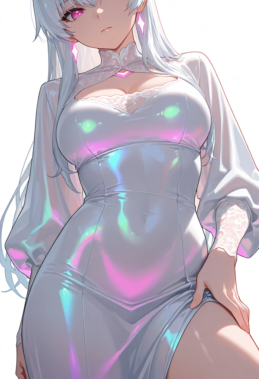 woman, ((female face)), happy, ((smiling, open mouth)), ((light lilac eyes)), nose, ((giant lilac hair)), ((fringe)), ((hair details) ), ((light effects on hair)), ((sweatshirt)), ((tights)), ((lights effect on clothes)), ((body lights effect)), neck, Shoulders, (( big chest)), arms, ((thick legs)), ((big thigh))