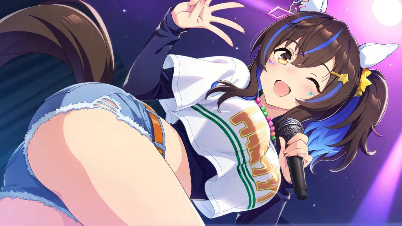 ((masterpiece、Highest quality、Official Art))、snap shot、Idol Concert、Concert Stage、(3人のcute naked girls、12 years old、smile、sing、dance、Ribbon headband、Ultra mini skirt:1.2、Idol Costumes:1.2 )、Exposing the breasts、Hair of different colorr.々Hair style、(((Full nudity、Pussy、cute)))、(Sweat a lot、Glowing Skin)、Anime key visual, ((The characters are unique))