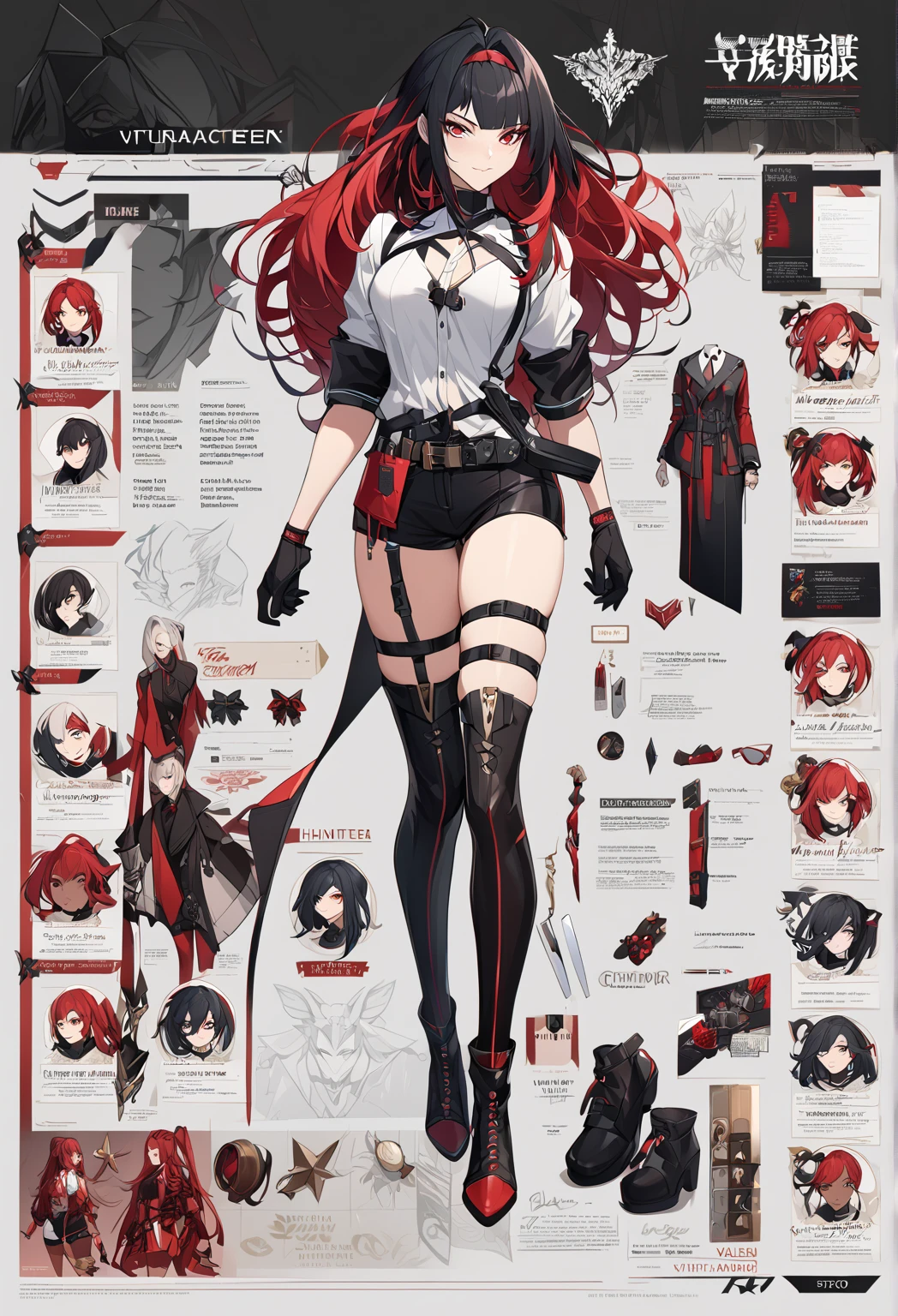 iris, red hair, long hair, braid, girl, solo, full body, from head to toe, standing, (Huge_Breasts:1.3), Character Design Sheet, character reference sheet, character turn around, dangerousbeast, elbow gloves, gloves, wolf tail,
