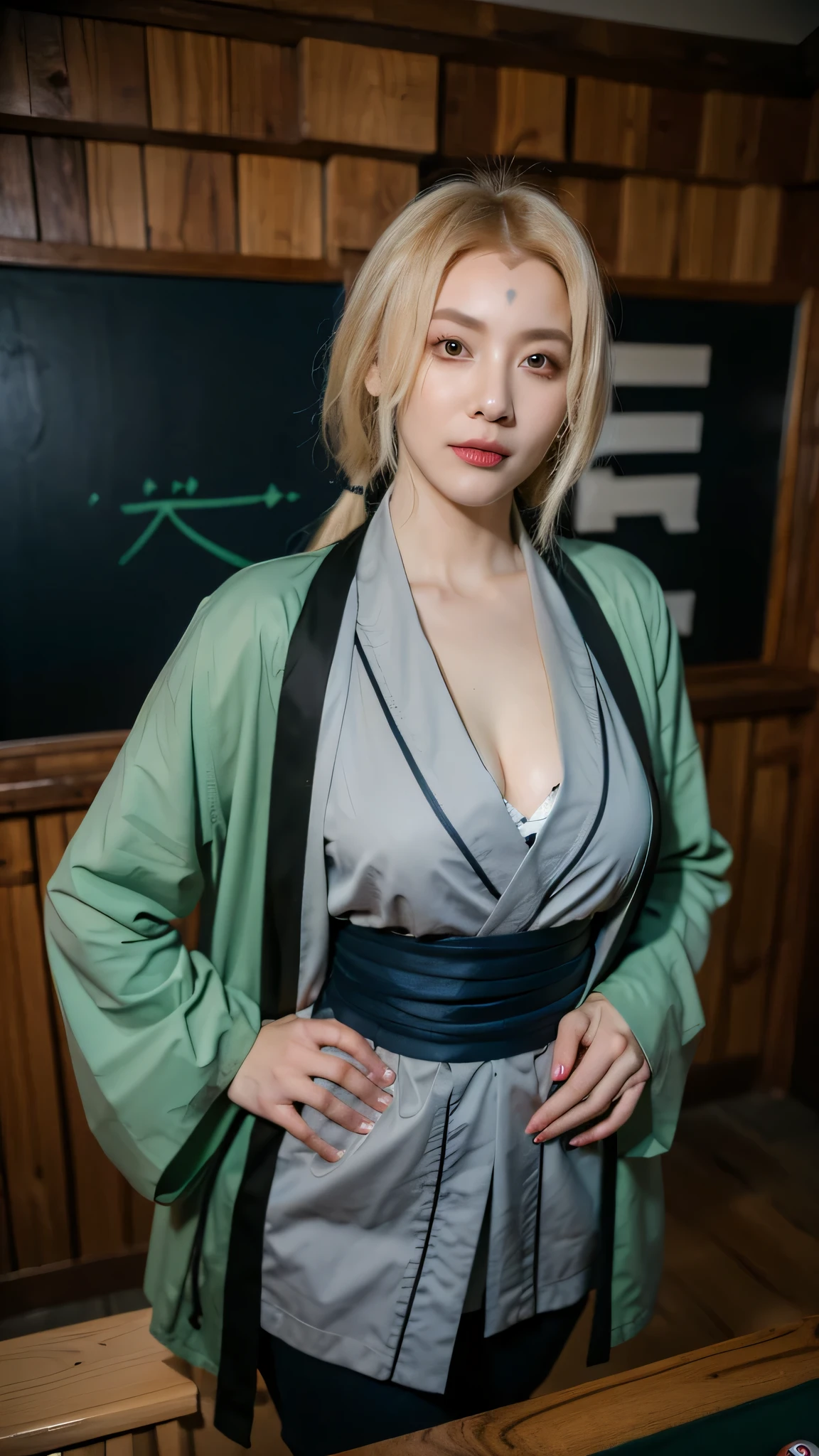 A hyper-realistic portrait of Tsunade from Naruto Shippuden reimagined in the real world, beautiful and powerful appearance. Long blonde hair styled naturally, warm brown eyes, and a youthful yet mature face. She wears her iconic grey kimono-style top with a dark blue obi, green haori with the kanji "Gamble" on the back, and high heels. Natural makeup, soft skin texture, and a confident expression. Realistic lighting, cinematic shadows, ultra-detailed facial features and hair strands. HD quality, full-body or waist-up composition in 9:16 vertical ratio. Background is softly blurred to emphasize her presence. Photorealistic, DSLR quality, studio lighting