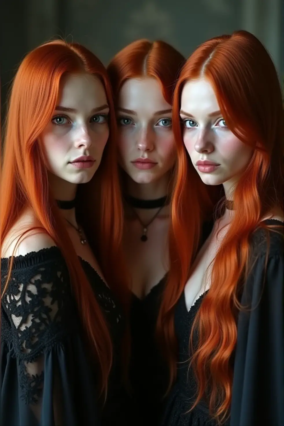 GIRLS CHILDREN REDHEADS WITH STRAIGHT HAIR, WITH TORCHES OF FIRE IN HAND, RED BACKGROUND, BLOOD ON THE WALLS.