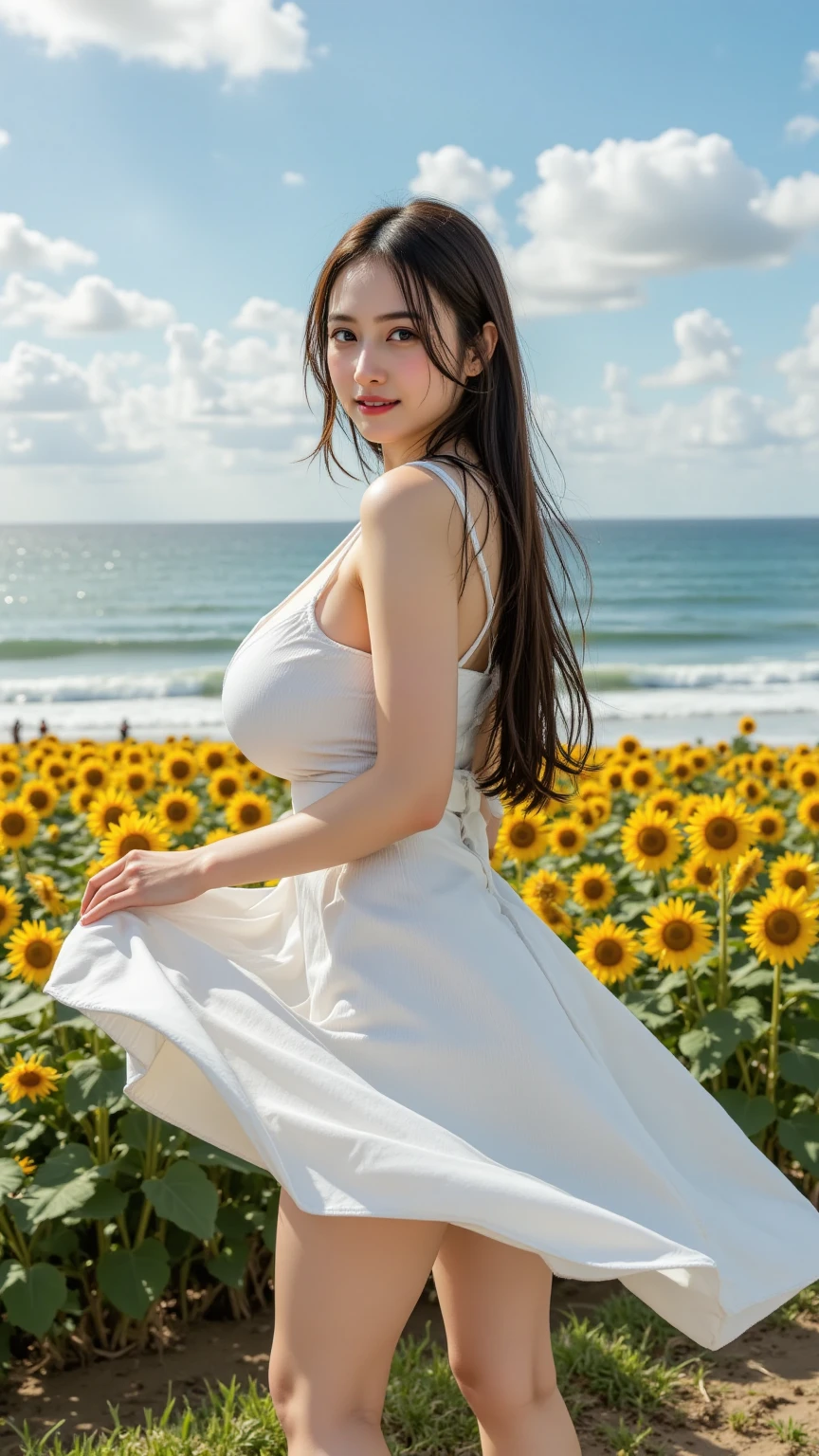 1girl,solo, big boob, short skirt, red penty,flowing dress (sun visor hat:1.2), Sunflower field, under the sunlight, light smile,looking at viewer, wind, dynamic, strong light and shadow,dynamic pose,
