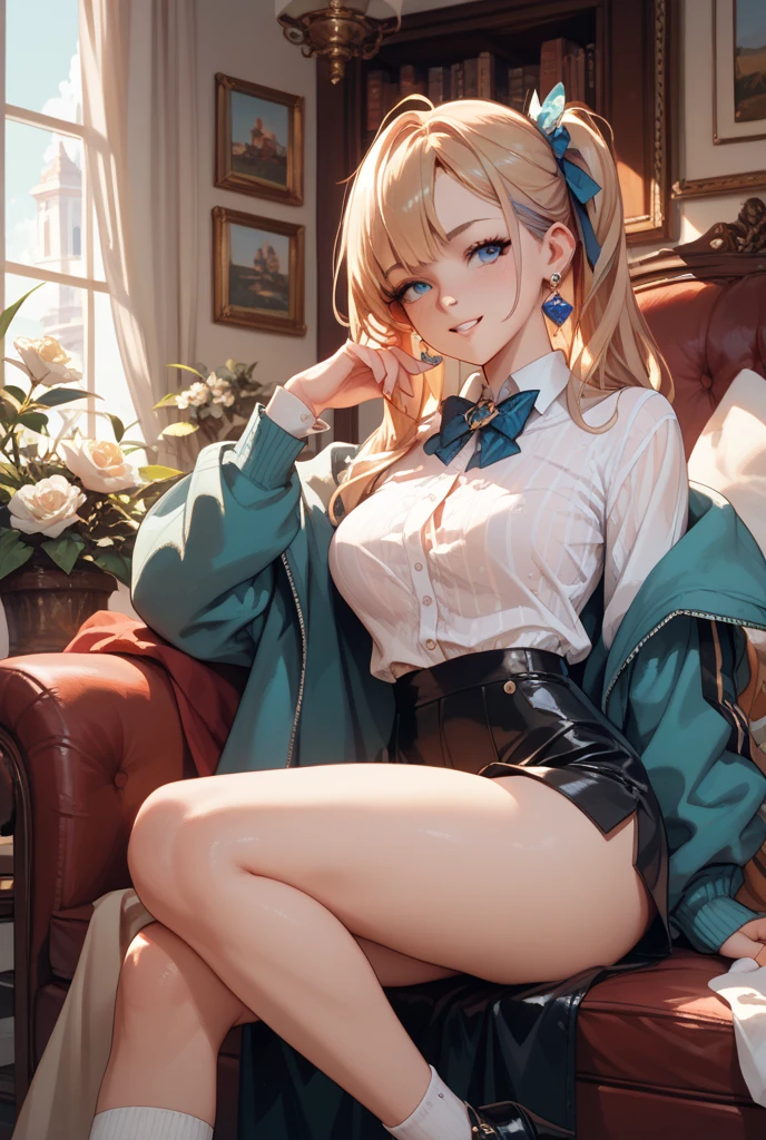 A girl 20 years with blonde hair pinned up, piercing blue eyes and a beautiful red mouth, in a painter's studio, ((she paints a nude picture of herself with oil paints)). she is wearing a beige 8-sweater with seven color stripes starting from yellow at the top and ending in dark purple)(. she holds a brush with red paint in her right hand from which a drop of paint is about to fall