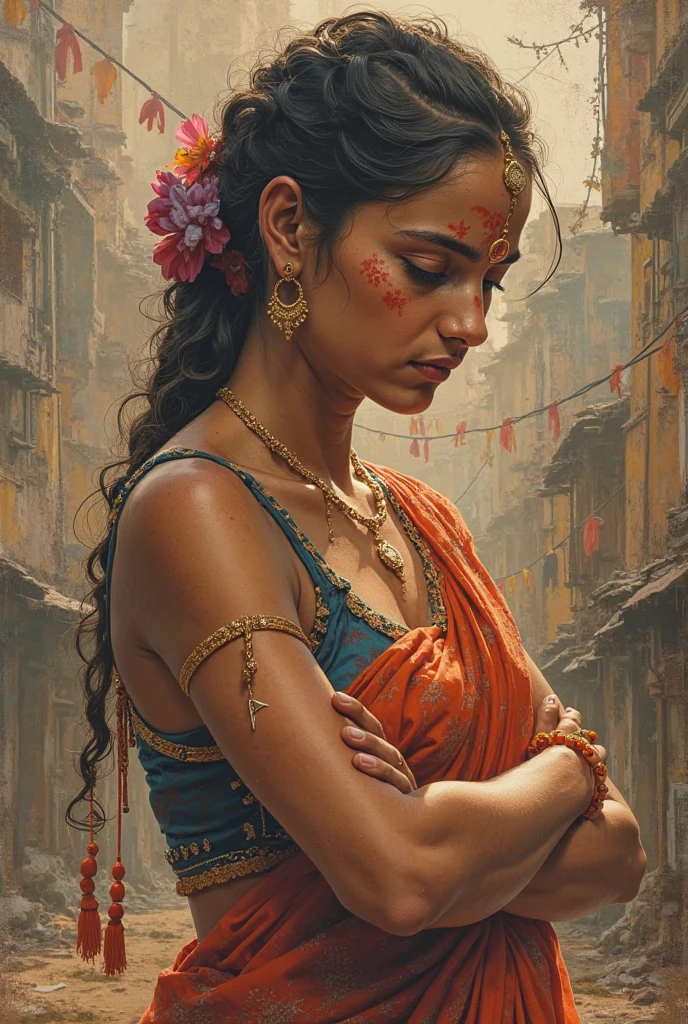 High-quality detailed image of a beautiful girl : (Mestizo: Lineament, Hindu:0,2 : Egyptian:0,3 : Darna:0,25 : Selena Quintanilla Perez:0,25) : pale skin,((short asymmetrical hairstyle)), High facial detail : Realistic : in a T-shirt and shorts, (oil painting:0.75), (headband:0.75),(teal:0.2),(Orange:0.2), (by Jeremy Mann:0.5), (by John Constable:0.1),(Yuriy Arkus:0.5),(acrylic paint:0.75), 8K