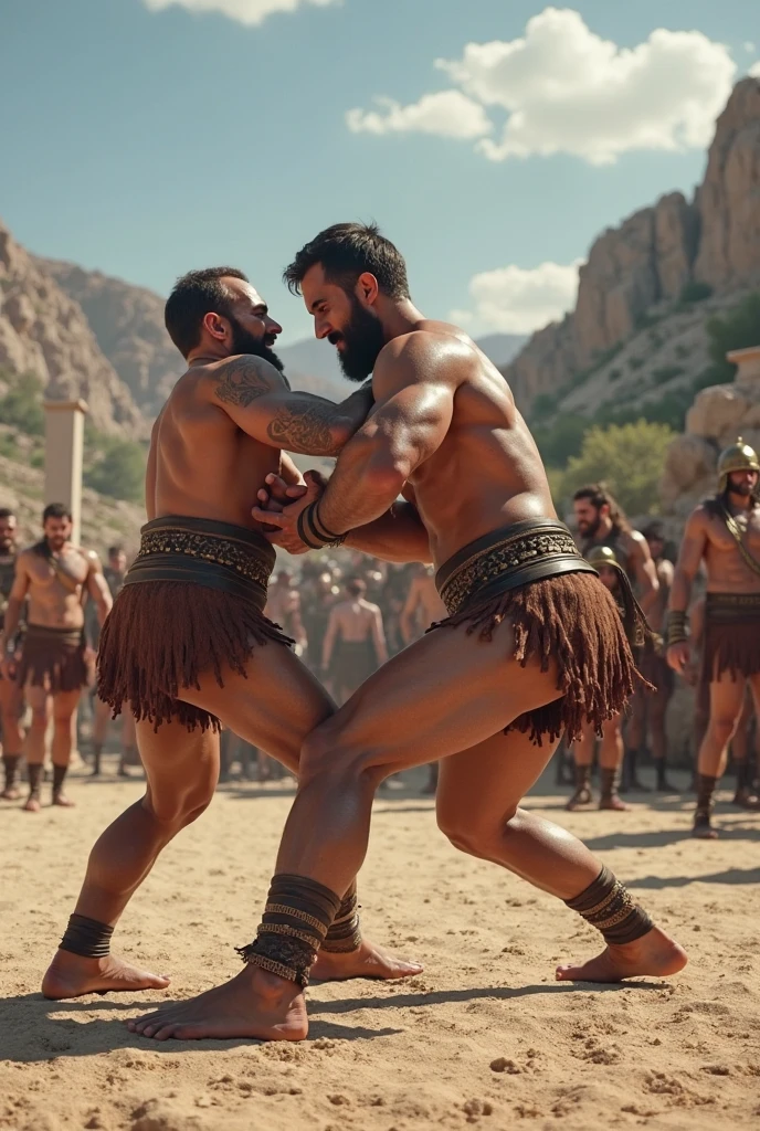 Big hairy bearded strong muscular Persian men standing in white underwear, lying on the ground fighting in the lot behind a white house, Sandy ground, a big tree and white walls in the background. Boys sitting on the floor watching.