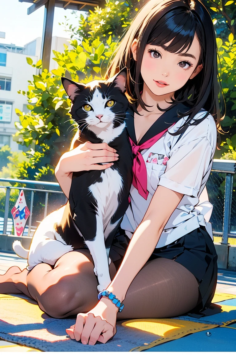Adjusting lines and colors, illustration of pale shades of pencil and ink, woman sleeping with cat, carp swimming in the back, butterflies fluttering, anime style illustration, uniform, white shirt, blue ribbon, blue skirt, dark blue hair, white skin, sleeping