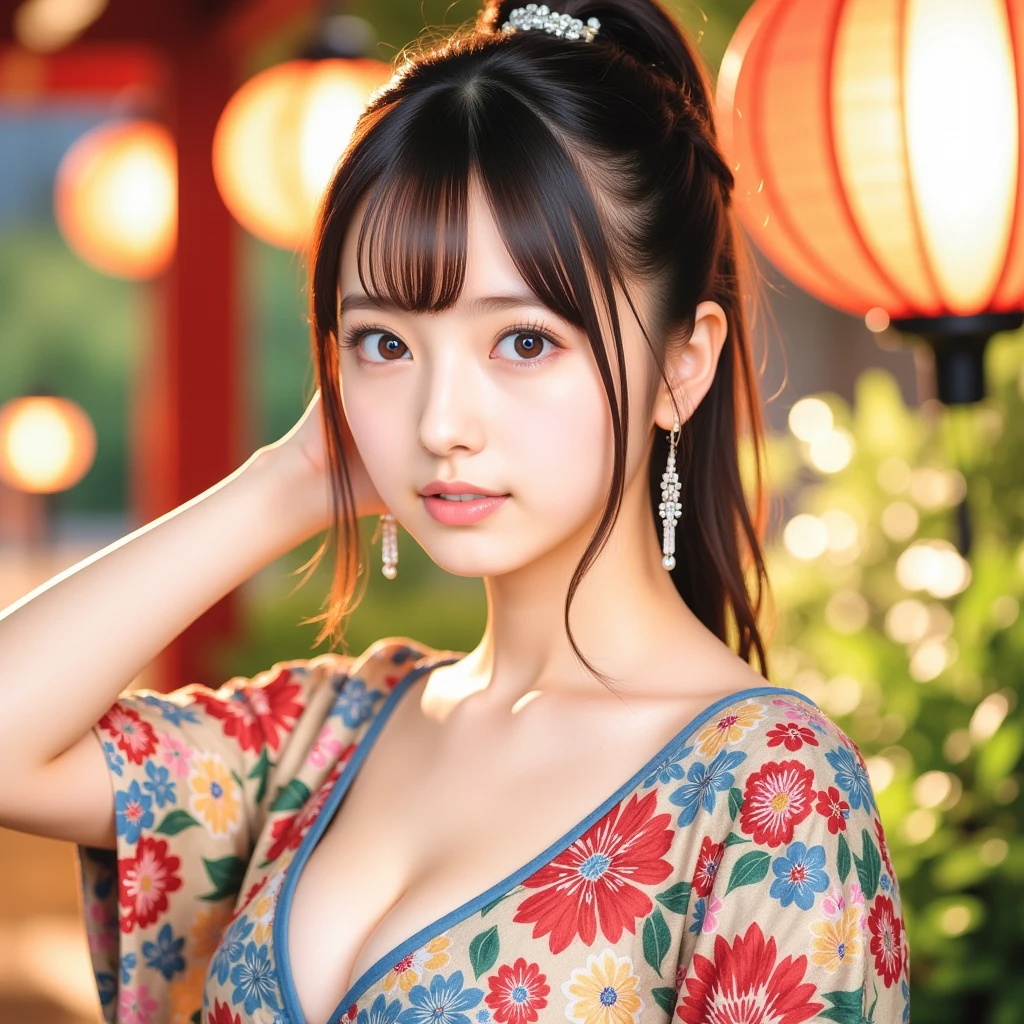 Highest quality, masterpiece, Ultra-high resolution, Strong Woman, Long Curly Hair, Leather Armor, Yukata with floral pattern, Shooter, Exquisite Bow, Mystical Runes,  background, Tanabata Festival, extreme detailed, 4K,  