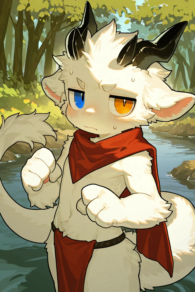 (masterpiece), best quality, expressive eyes, perfect face, furry, fur affinity, male furry albino white lion cub boy, red eyes, naked tribe, short-height, squishy body, young and cute shy boy, sweat drop, glaring at viewer, showing navel, innocent, opening mouth, teardrops, jungle, tribal, shaman boy, face paint, body paint, wild, lion tail, roaring, angry, roar, short-height mini boy, intimidating, showing his claw, scratching pose, brave boy, scratch on his face, tattered shabby red loincloth, furry baby boy, ethnic necklace, ethnic hair flower ornament, white ear, fluffy young innocent boy, yiffy childish boy, all fours