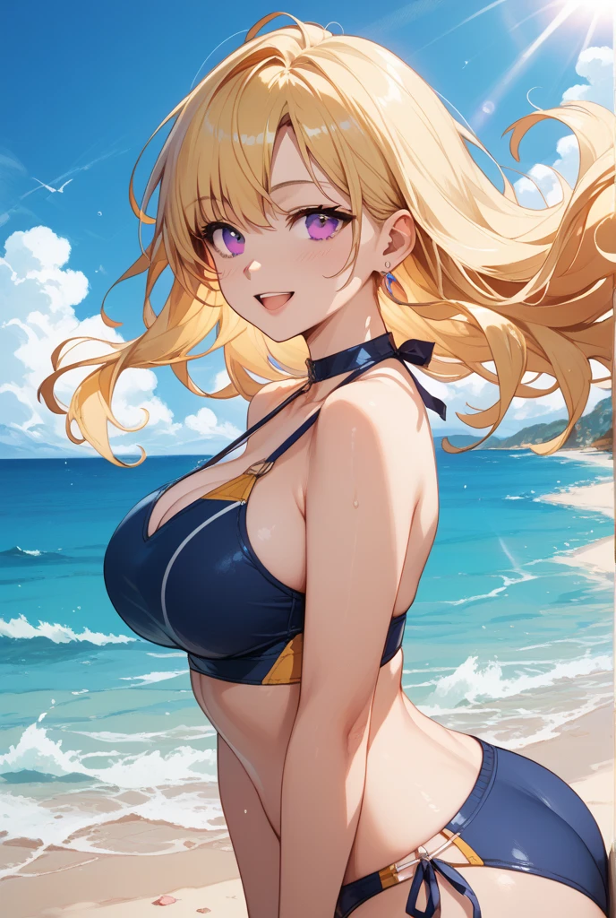 ((Mejor calidad)), ((obra maestra)), (detallado), cara perfecta, (1 chica), en bikini, del lado izquierdo de la imagen, cabello blanco, ojos azules. (cuerpo completo:1.5), (tetas grandes:1.2), (culo grande:1.3), (ojos detallados:1.5), ((ocultar manos)), (hands behind head:1.3)