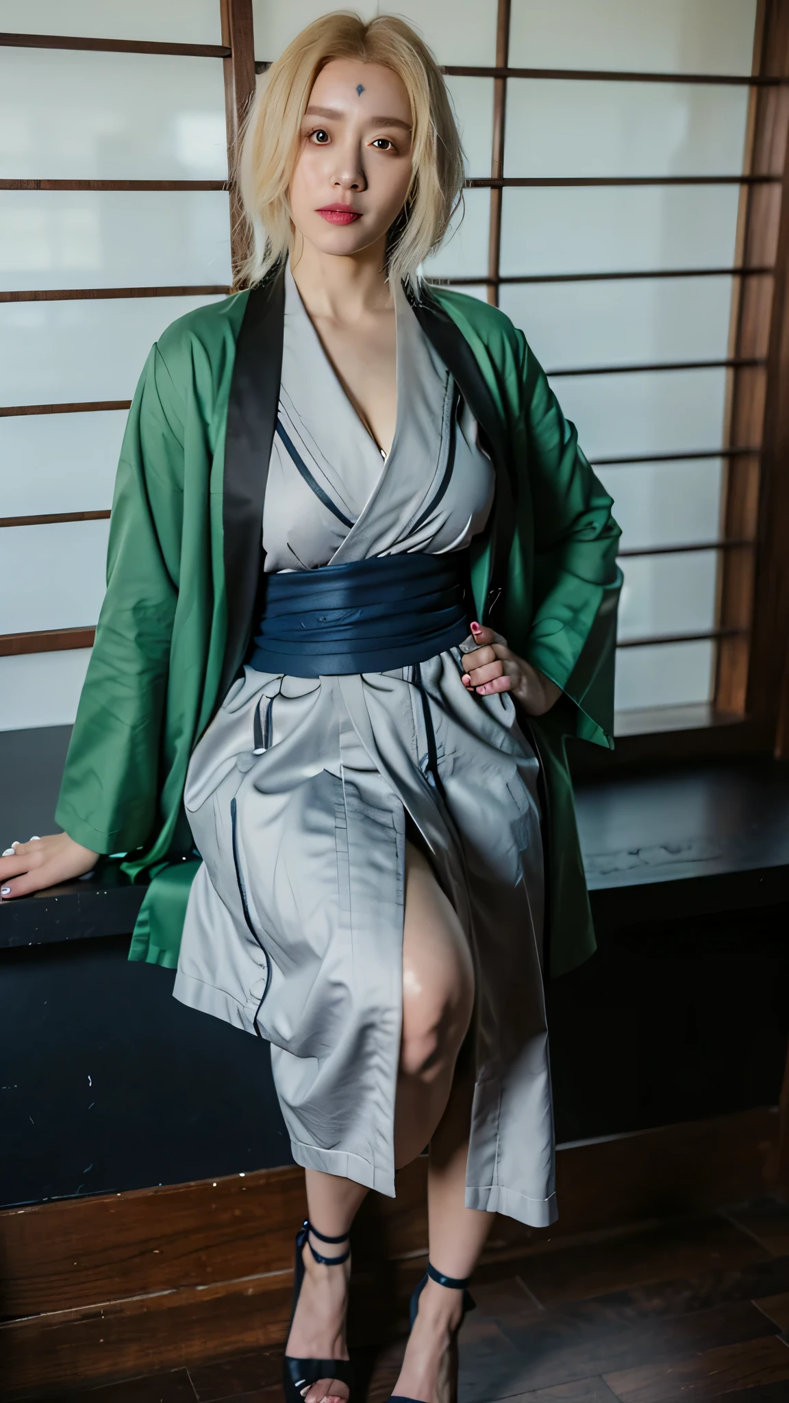 tsunade (naruto), b1mb0, tsunadedef, forehead mark, japanese clothes, green haori, grey kimono, sash, pants, hyper breasts, gigantic breasts