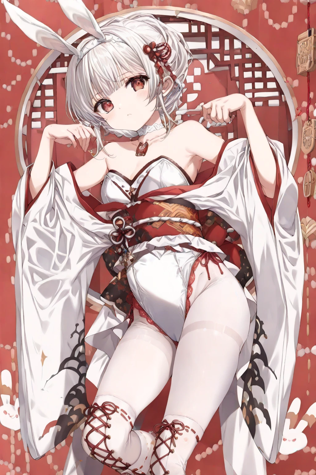 fox ears, posing, nfsw, silk, stomach, (caftan:1.3), white hairs, short hairs, red eyes, elegant girl, medium breast, sexually suggestive, seductive smiling, red lipstick, sexy, Intricate, High Detail, Sharp focus, dramatic, photorealistic, best quality, masterpiece, WLOP, Ed Blinkey, Mikhail Vrubel,