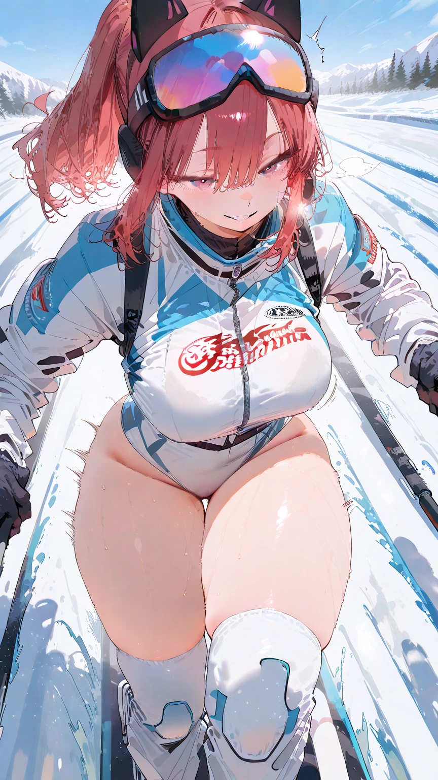 Un primer plano de una persona con una chaqueta rosa con una tabla de snowboard, 2 4 year old female model, her belly button is exposed, nieve en el cuerpo, Una hermosa rubia, el extremadamente caliente y sexy, sexy girl, muy sexy, cold as ice! 🧊, Chica rosa, con cabello largo y rubio, Awesome skiing, chica sexy con cabello largo y rubio