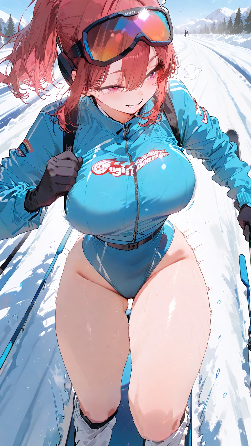 a ultra high quality fully detailed master piece 32k fully body attractive young woman with long brown wavy hair, light skin, pink eyes, a serious face, huge breasts, pink warm spy attire, long snow boots, curvaceous hourglass figure, long legs, thick thighs. This woman wears snow gear. She holds a pistol in her right hand. Background is a snowy forest in Germany.