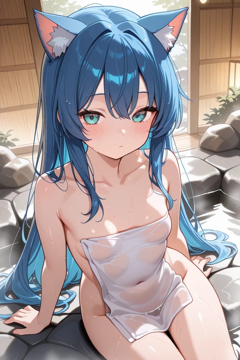 ((masterpiece, best quality)), high resolution,ultra detailed,8k,16k,detailed background, perfect lighting,detailed beautiful eyes, 1girl,solo,nsfw,embarrassed,blush,steam,sweat,wet,in heat,look at viewer,face focus,(from front:1.2),(in onsen,nude,wet:1.4),cowboy shot,provocative eyes,pussy,fisheye lens,be breathless,(happy smile:1.2),sitting,sexy pose,open mouth,
,(ika, blue hair, tentacle hair, blue eyes, long hair,white hat, bracelet, tentacles,,short stature,slender,child_body,skinny,pale skin,small breast),seaside house,summer