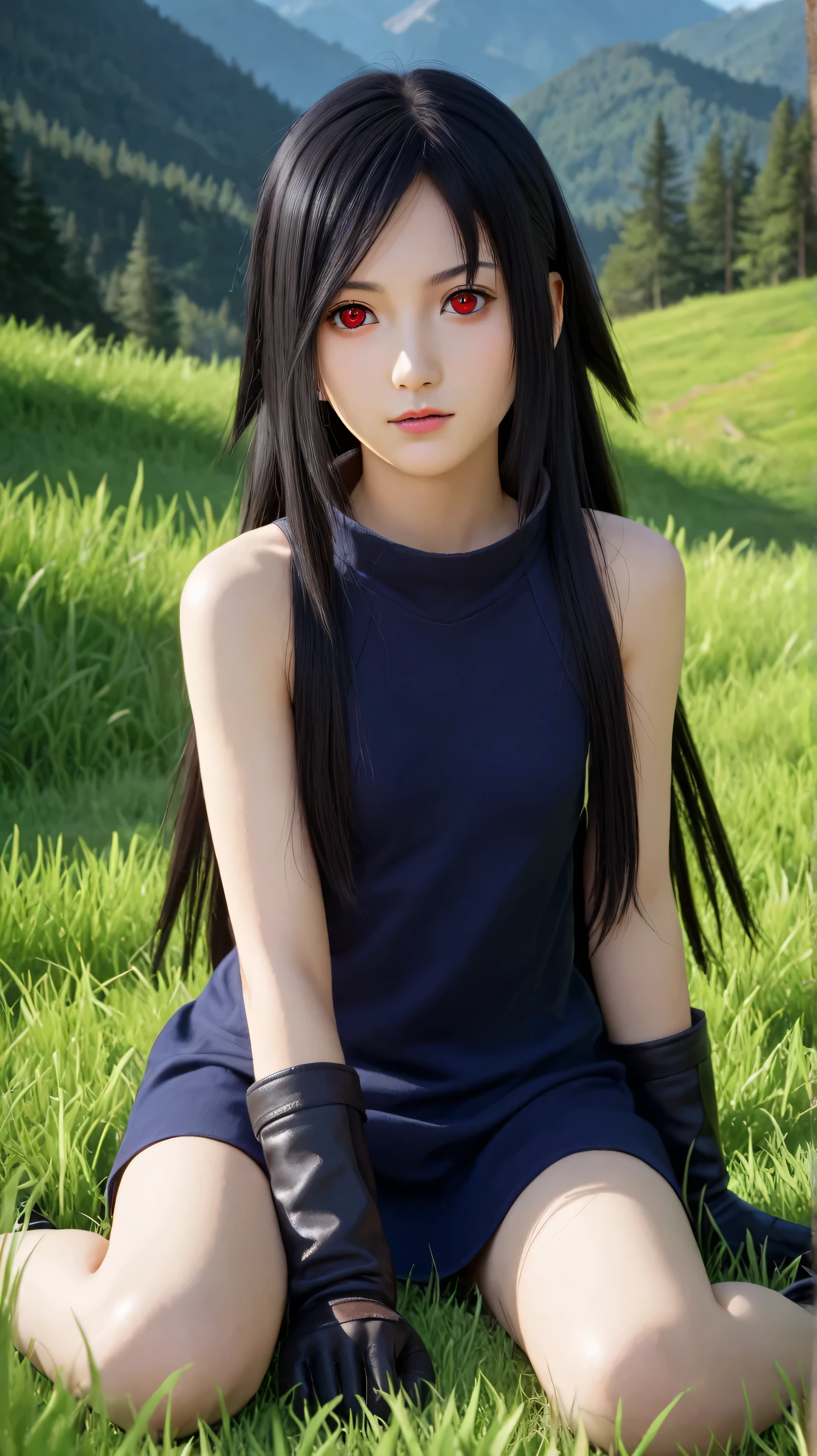 1girl, solo,hikari uchiha,black hair,long hair,outdoors,potrait,small breast,wearing rags,mountain background,red eyes,forest background,(grass land:1.5),(close up:1.3),(front view), looking at viewer,bare shoulders,black glove,(sitting on grass:1.5),(sharingan eye:1.5)