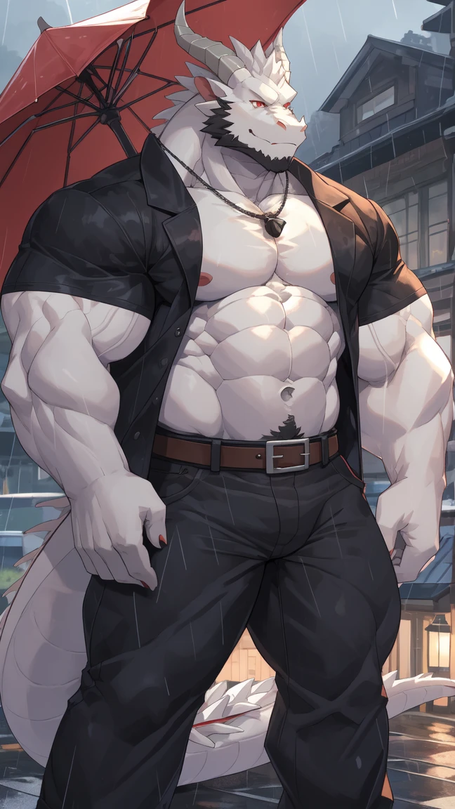 anthropology, wolf, hairy, black and white fur, fat, old-age, hairy, jockstrap , Sweating, Sparkling blue eyes, Big pink‚ with big‚ abs‚ handsome‚ sex, smile, collarbone, pink nipples, nipple piercing, on the street, harness, harness ring, black pants, pants zipper open, high quality, super detail, 1080P, high quality, high quality, best quality, 8k, super detail, 16k
