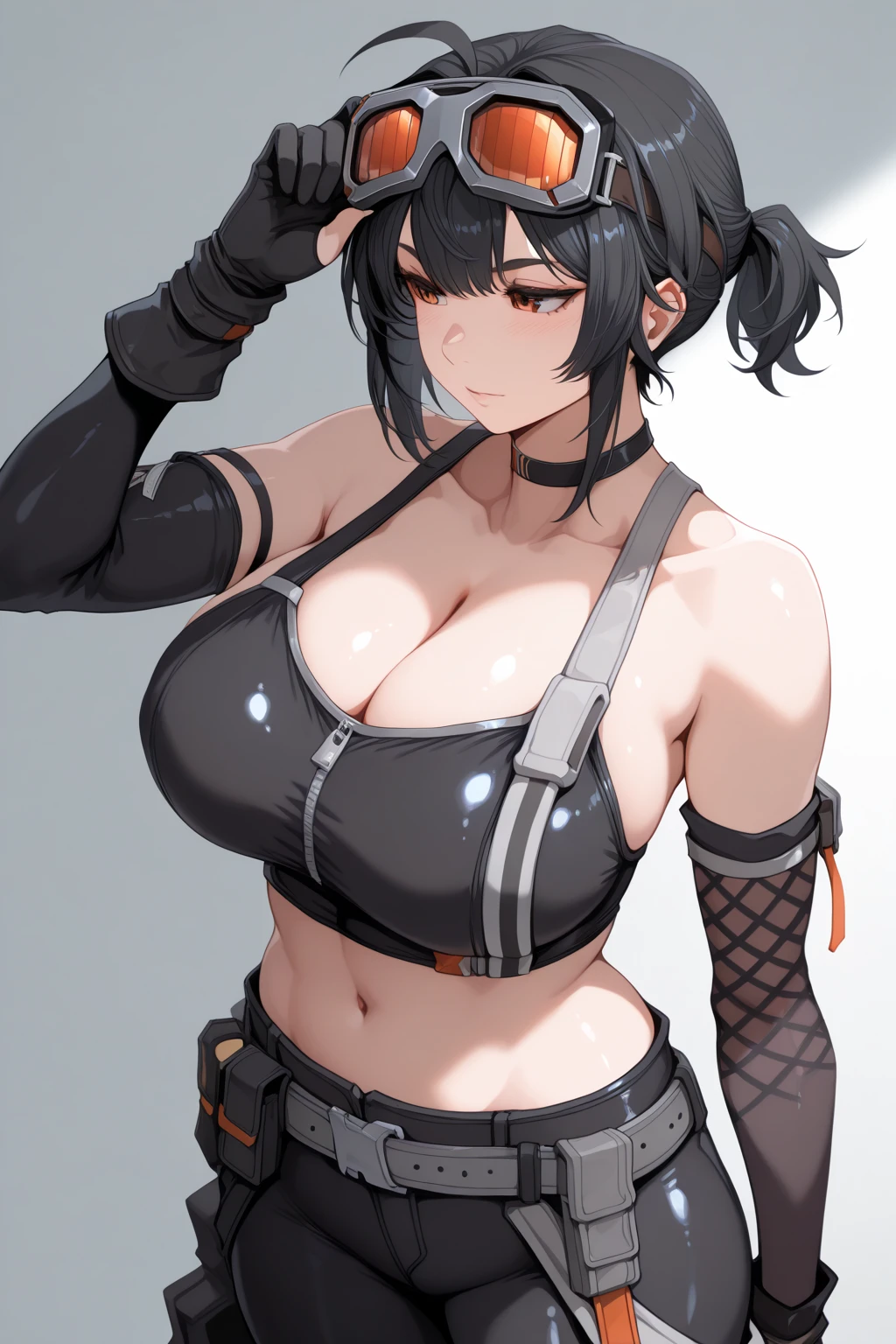 masterpiece, best quality, 1girl, solo, adult, (buff:0.8), black hair, hair flaps, medium hair, gray eyes, large breasts, black crop top, black shorts, arm belts, leg belts, w arms, front view, white background, no background