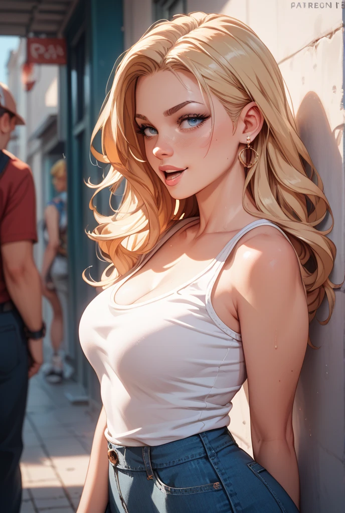 (best quality: 1.2), clean face, (masterpiece: 1.2, 8k) perfect anatomy, 1girl,a beautiful fashion model ,(masterpiece, official art, best quality shiny hair, blonde hair with streaks in hair, full lips, big breasts, slutty outfit, cleavage, shiny skin, looking at viewer, (cyber bikini), long abdomen
