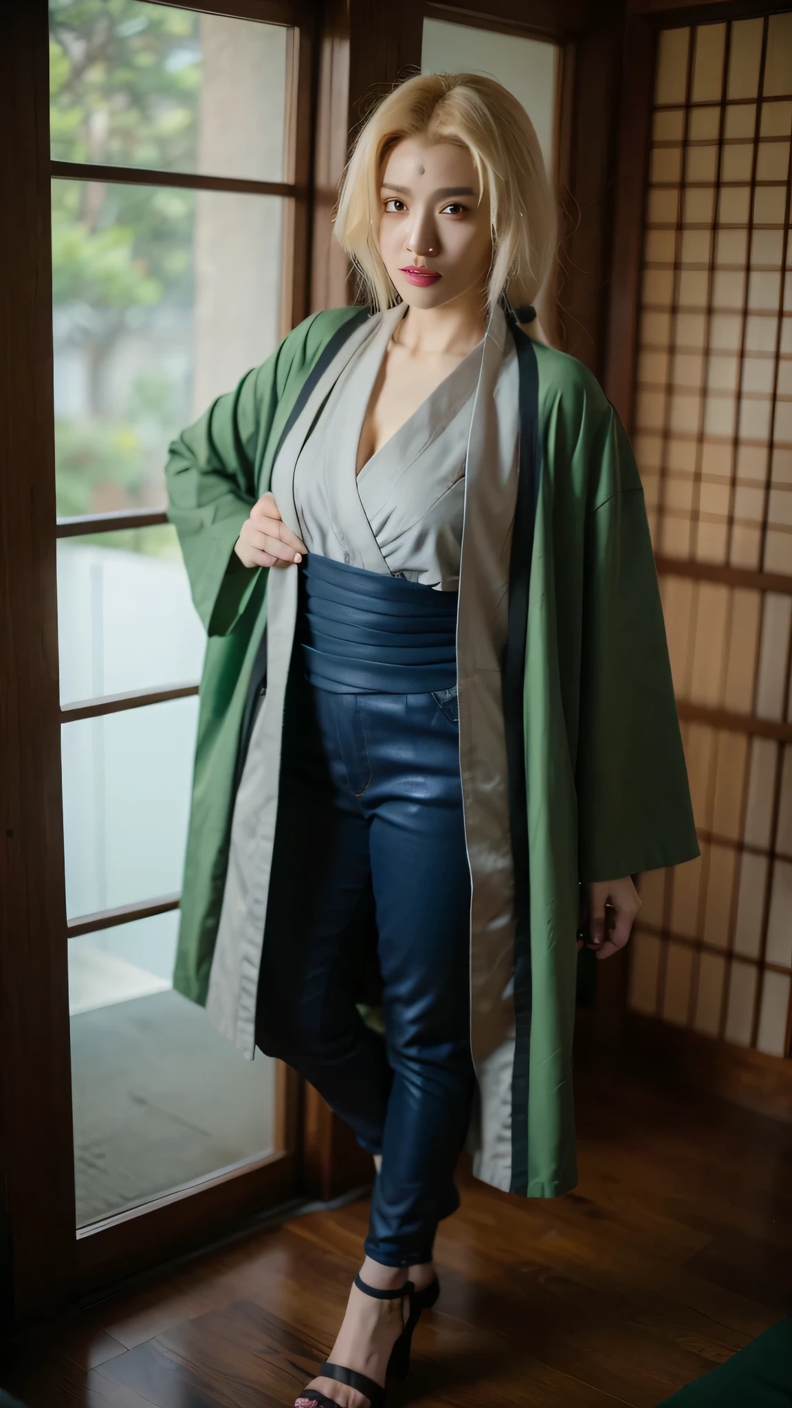 A hyper-realistic portrait of Tsunade from Naruto Shippuden reimagined in the real world, beautiful and powerful appearance. Long blonde hair styled naturally, warm brown eyes, and a youthful yet mature face. She wears her iconic grey kimono-style top with a dark blue obi, green haori with the kanji "Gamble" on the back, and high heels. Natural makeup, soft skin texture, and a confident expression. Realistic lighting, cinematic shadows, ultra-detailed facial features and hair strands. HD quality, full-body or waist-up composition in 9:16 vertical ratio. Background is softly blurred to emphasize her presence. Photorealistic, DSLR quality, studio lighting